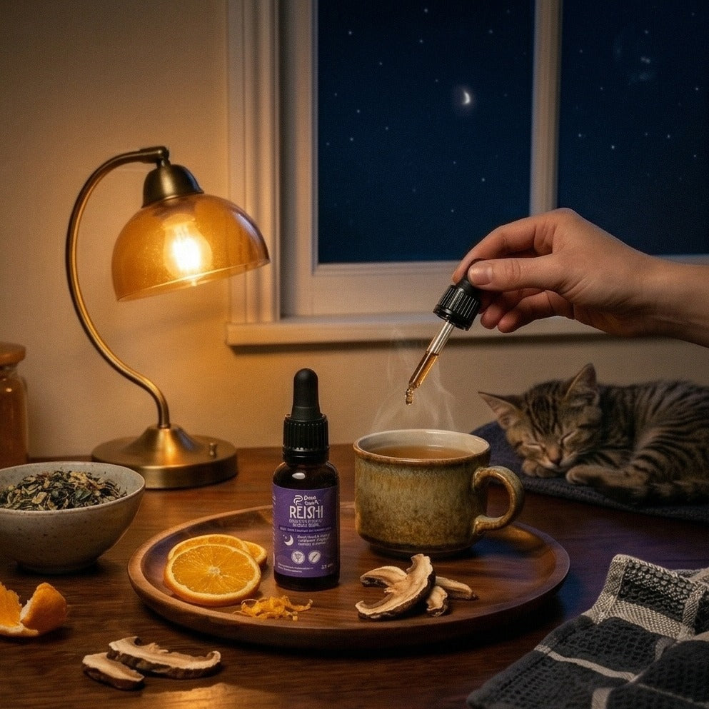 Hand adding functional mushroom tincture to steaming tea beside sleeping cat, warm lamp, orange slices, and dried mushrooms
