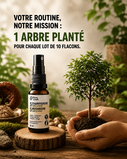 5 Mushroom Complex Spray bottle with hands holding a sapling, promoting eco-friendly routine with tree planting
