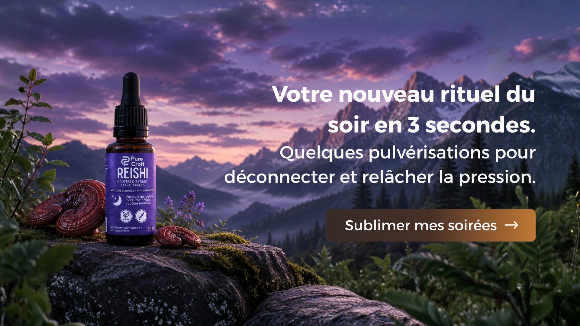 Reishi extract drops for night routine with mountain sunset backdrop