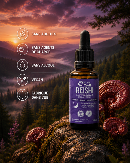 Reishi extract drops with orange peel, vegan, alcohol-free, no additives, EU-made, set against mountain sunset