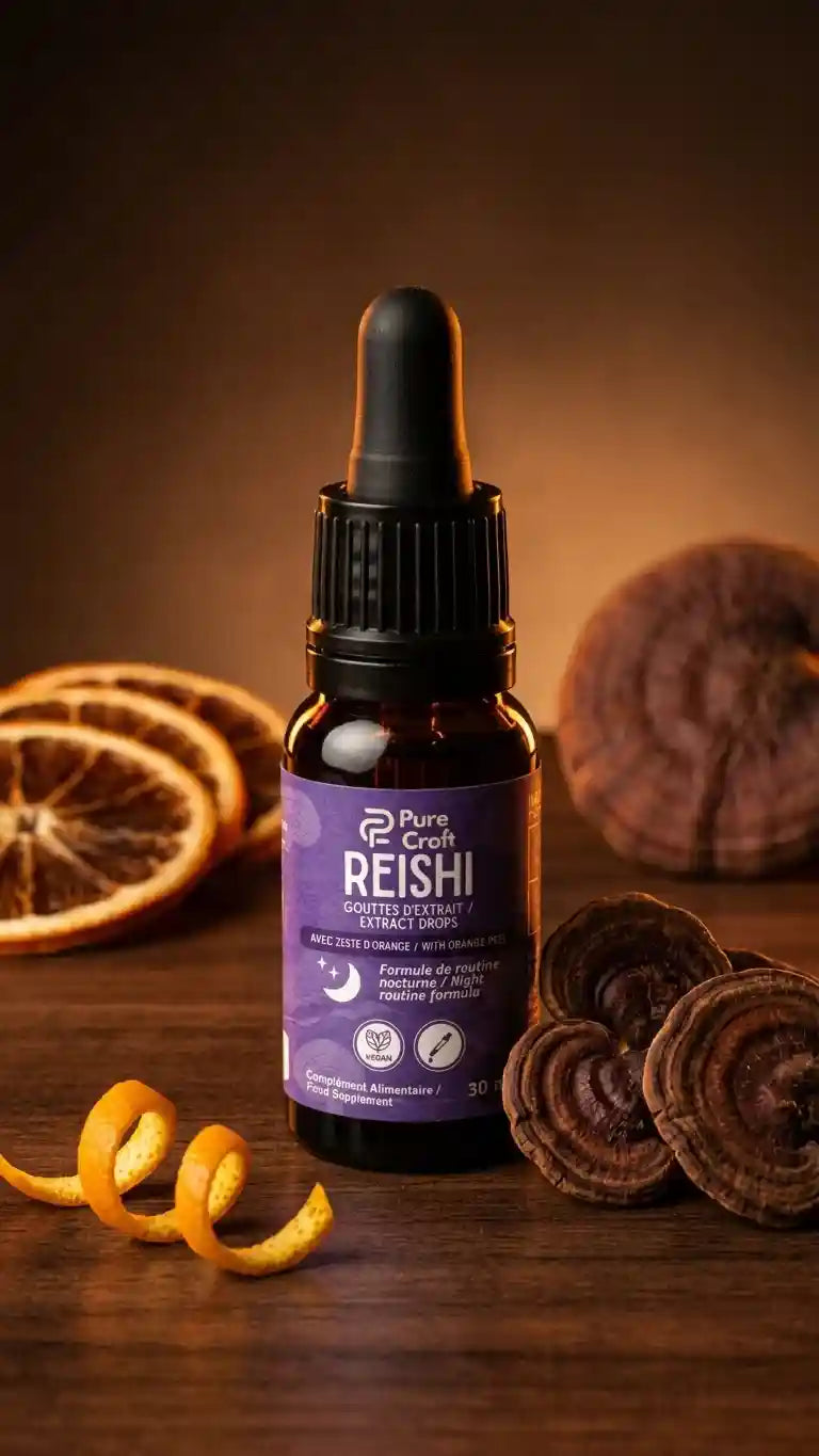 Reishi extract drops with orange peel, vegan night routine supplement, functional mushroom wellness