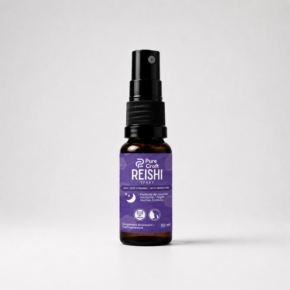 Reishi spray with orange peel, night routine formula, vegan food supplement in 30ml amber bottle