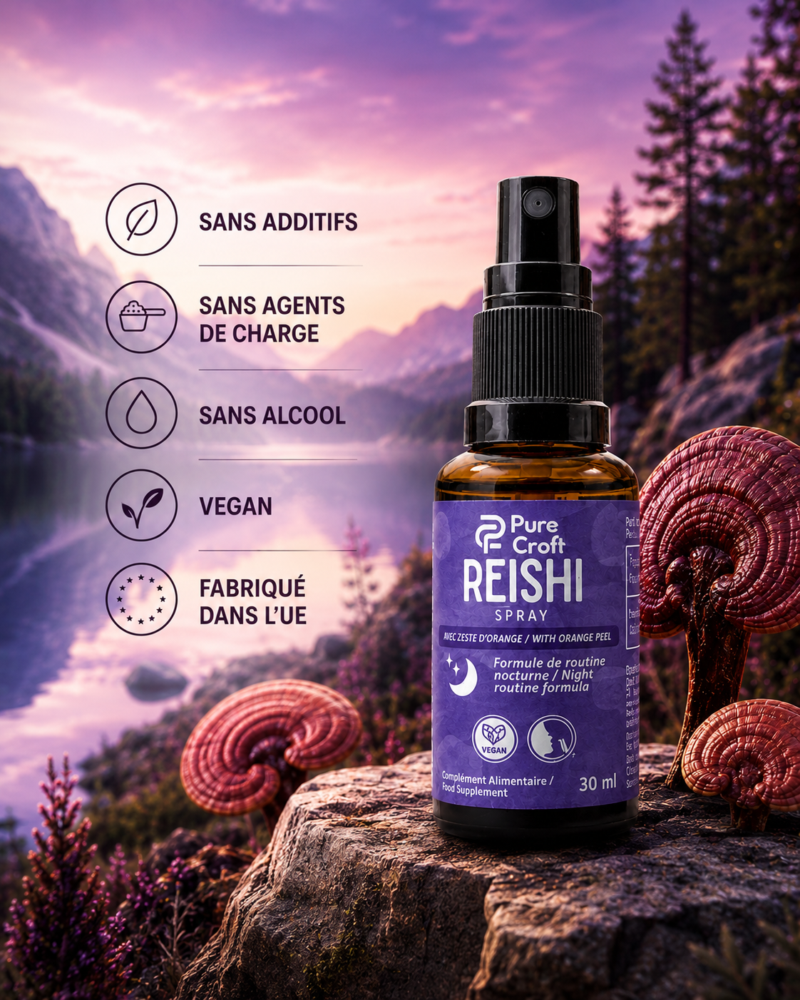 Reishi mushroom spray with orange peel, vegan, alcohol-free, EU-made, set against mountain lake backdrop