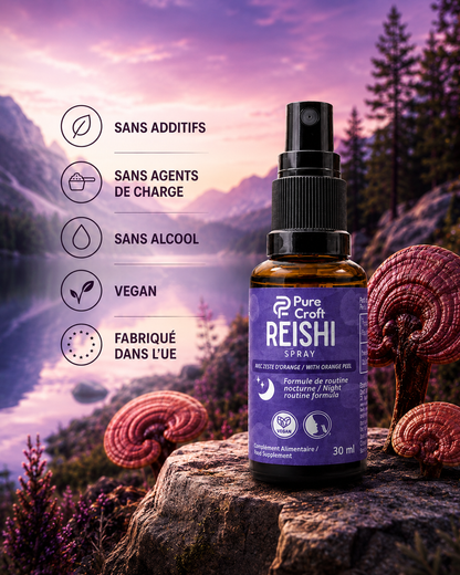 Reishi mushroom spray with orange peel, vegan, alcohol-free, EU-made, set against mountain lake backdrop