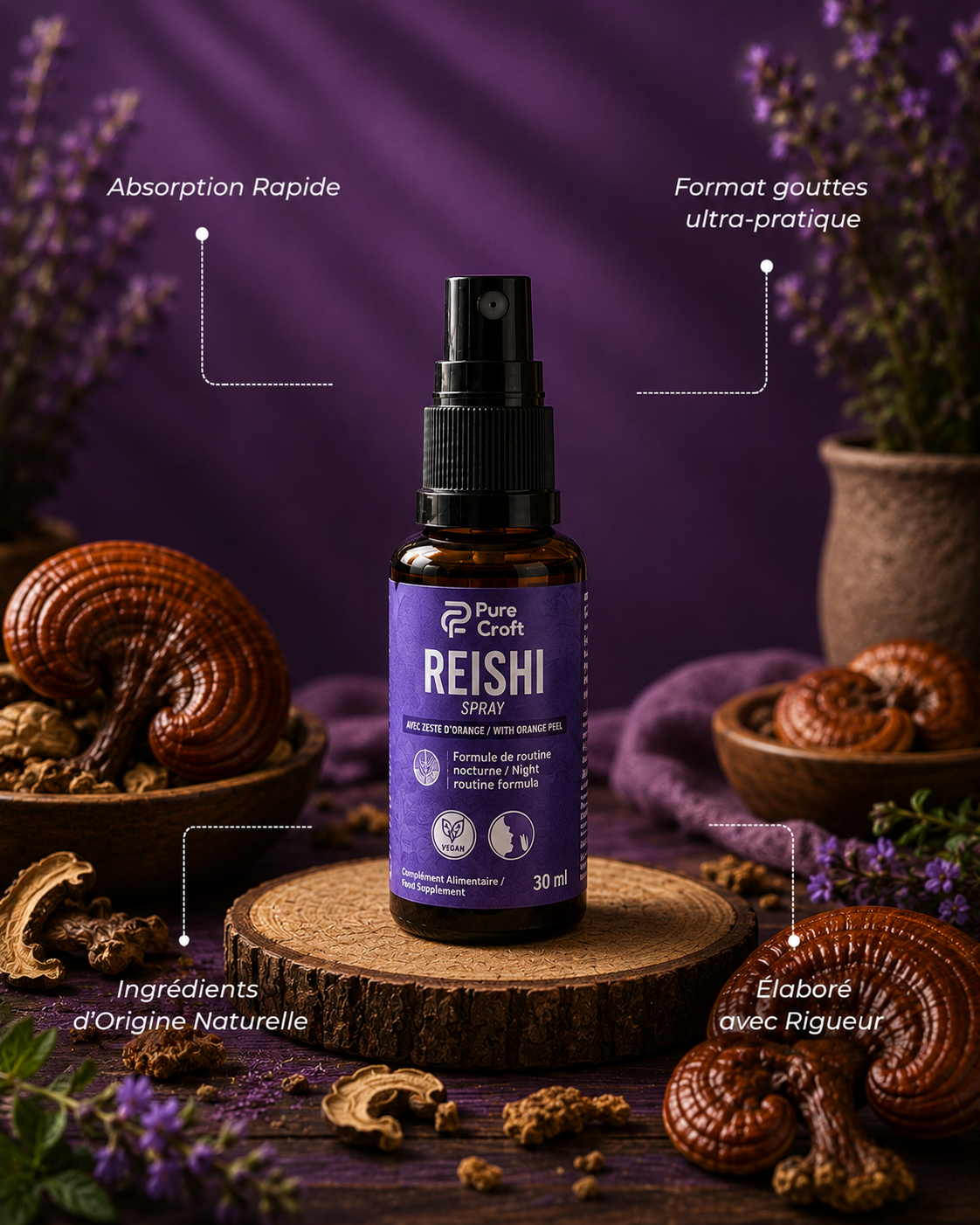 Reishi spray with orange peel, natural ingredients, rapid absorption, night routine formula, 30ml bottle