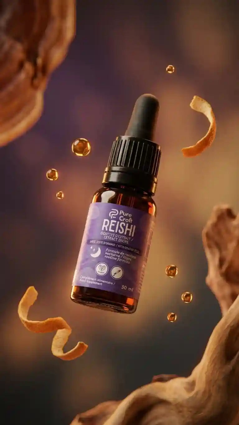 Reishi extract drops with orange peel, luxury functional mushroom supplement in amber bottle