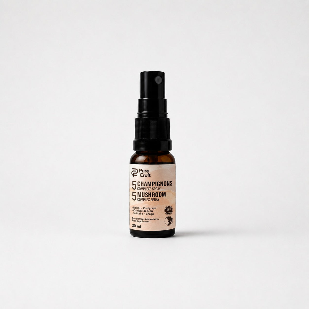 5 Mushroom Complex Spray with Reishi, Cordyceps, Lion’s Mane, Shiitake, Chaga in 30ml amber bottle