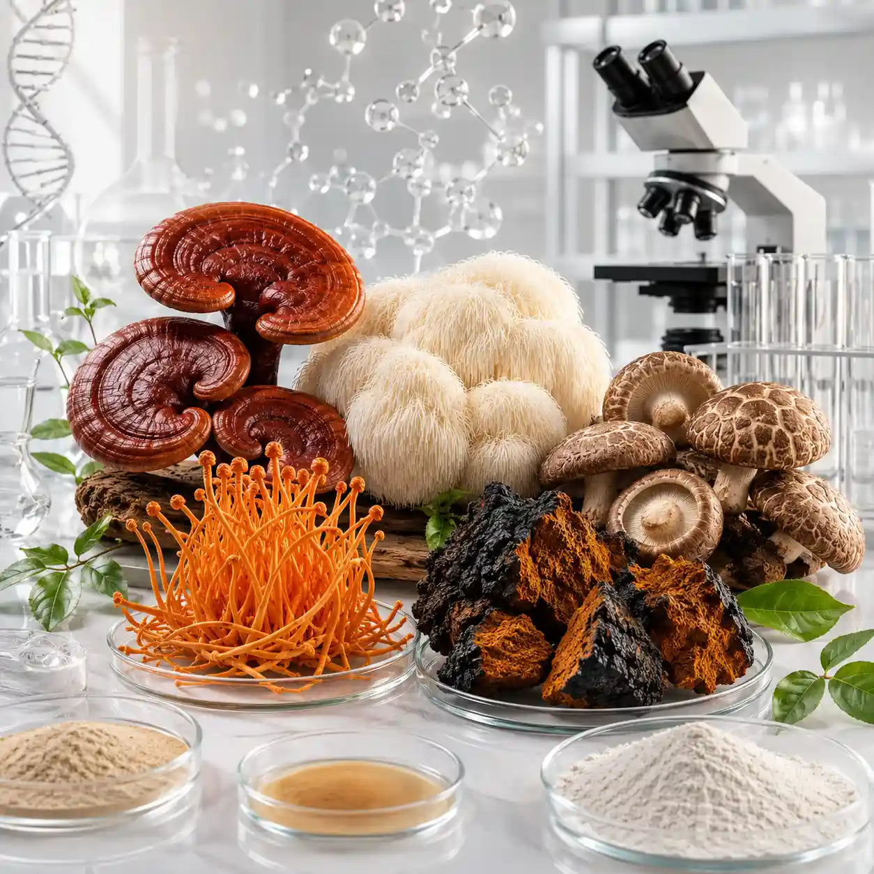 Functional mushrooms like reishi, lion's mane, cordyceps, and chaga with lab extracts for wellness supplements